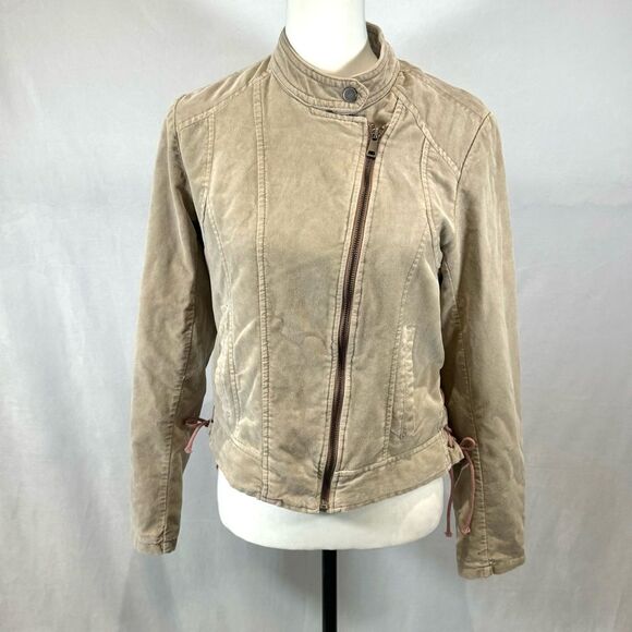 Maurice's Tan Beige Velvet Moto Bomber Jacket Laced Sides Full Zip Size Small - Picture 2 of 9